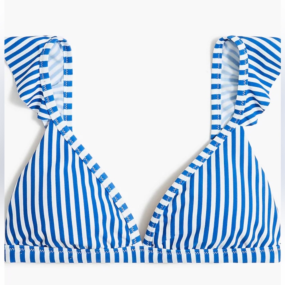 J. Crew Striped ruffle-shoulder V-neck bikini top in blue and white